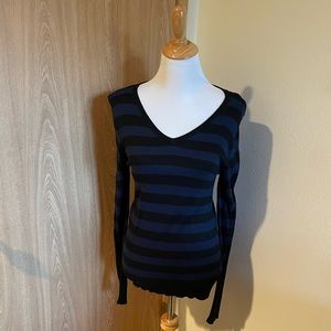 Massimo - Striped Blue and Black V-Neck Sweater - Size M
